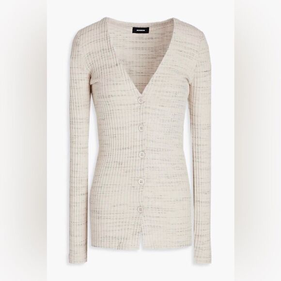 MONROW Cream Button Front Ribbed Cardigan V-Neck Marled Heathered Size Large New - Picture 1 of 11